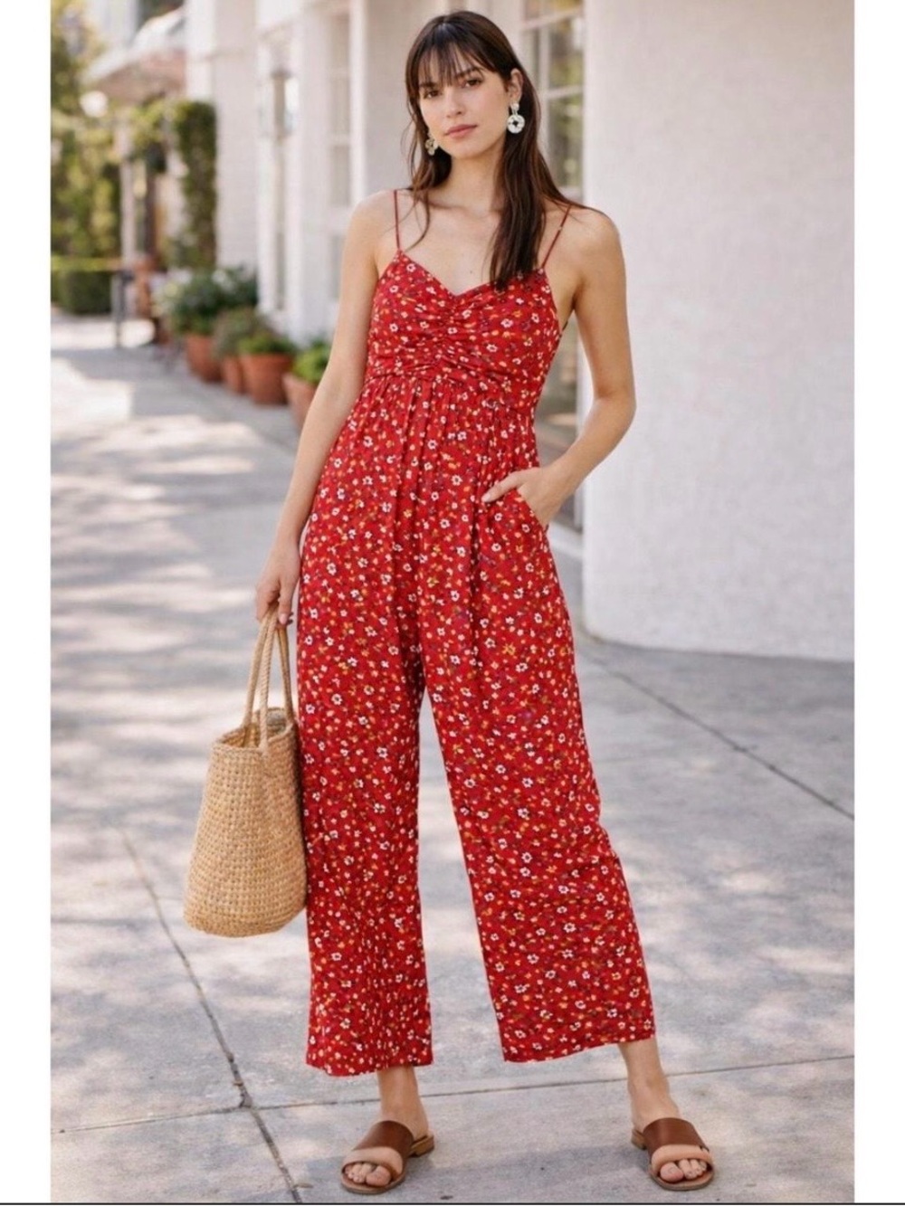 Madewell Red Floral Print Spaghetti-Strap Jumpsuit